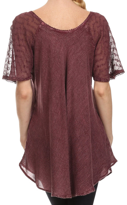 Sakkas Ellie Sequin Embroidered Cap Sleeve Scoop Neck Relaxed Fit Blouse
