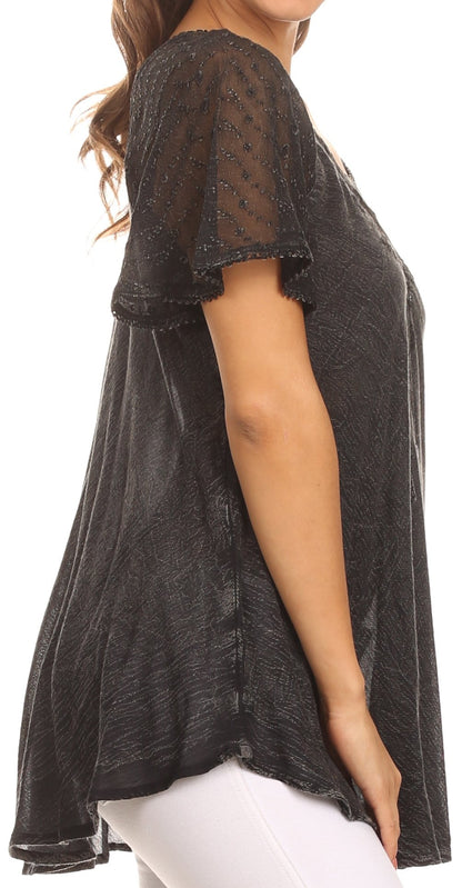 Sakkas Ellie Sequin Embroidered Cap Sleeve Scoop Neck Relaxed Fit Blouse