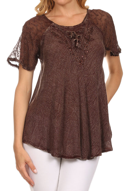 Sakkas Ellie Sequin Embroidered Cap Sleeve Scoop Neck Relaxed Fit Blouse