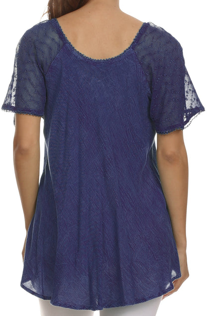 Sakkas Ellie Sequin Embroidered Cap Sleeve Scoop Neck Relaxed Fit Blouse