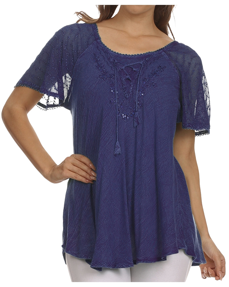Sakkas Ellie Sequin Embroidered Cap Sleeve Scoop Neck Relaxed Fit Blouse