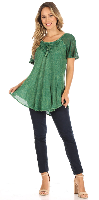 Sakkas Ellie Sequin Embroidered Cap Sleeve Scoop Neck Relaxed Fit Blouse