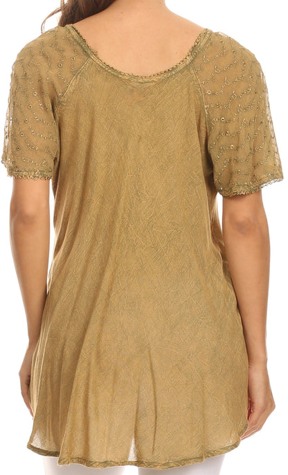 Sakkas Ellie Sequin Embroidered Cap Sleeve Scoop Neck Relaxed Fit Blouse