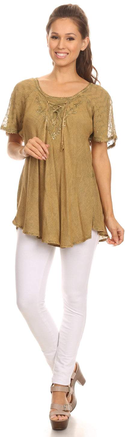 Sakkas Ellie Sequin Embroidered Cap Sleeve Scoop Neck Relaxed Fit Blouse