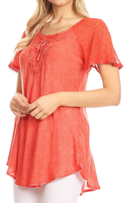 Sakkas Ellie Sequin Embroidered Cap Sleeve Scoop Neck Relaxed Fit Blouse
