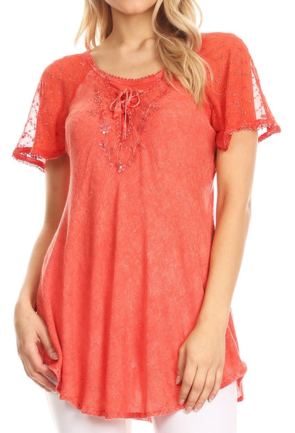 Sakkas Ellie Sequin Embroidered Cap Sleeve Scoop Neck Relaxed Fit Blouse