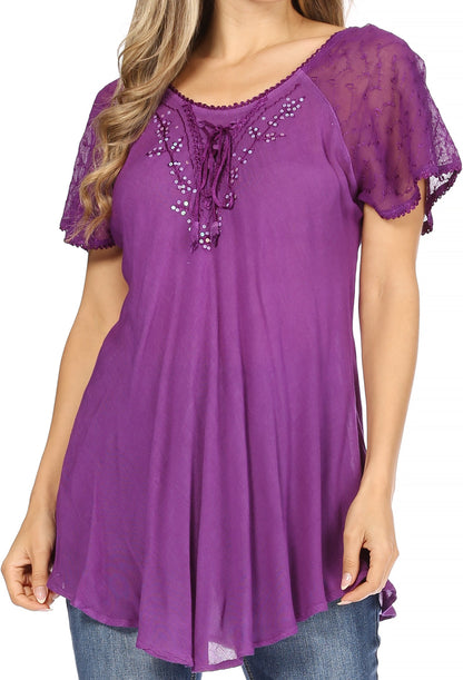 Sakkas Ellie Sequin Embroidered Cap Sleeve Scoop Neck Relaxed Fit Blouse