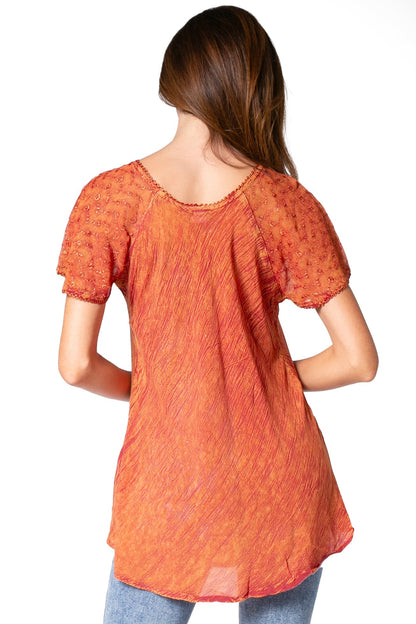 Sakkas Ellie Sequin Embroidered Cap Sleeve Scoop Neck Relaxed Fit Blouse
