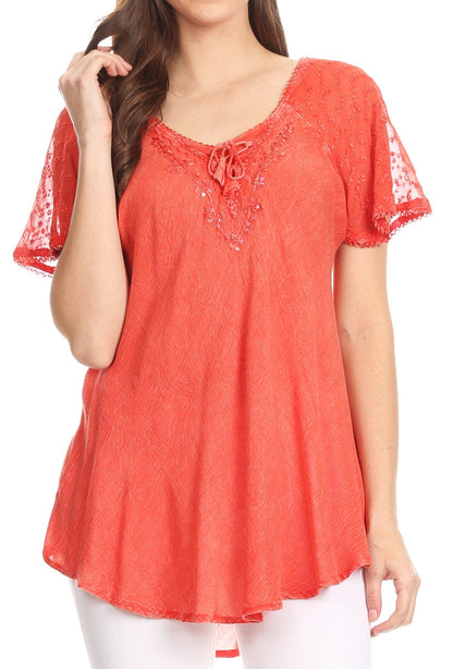 Sakkas Ellie Sequin Embroidered Cap Sleeve Scoop Neck Relaxed Fit Blouse
