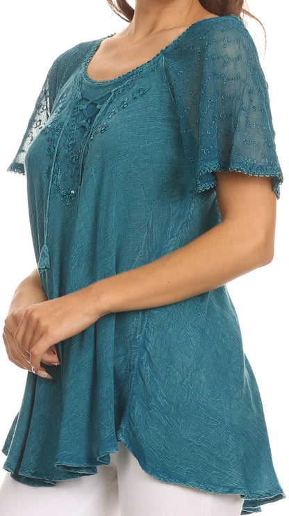Sakkas Ellie Sequin Embroidered Cap Sleeve Scoop Neck Relaxed Fit Blouse