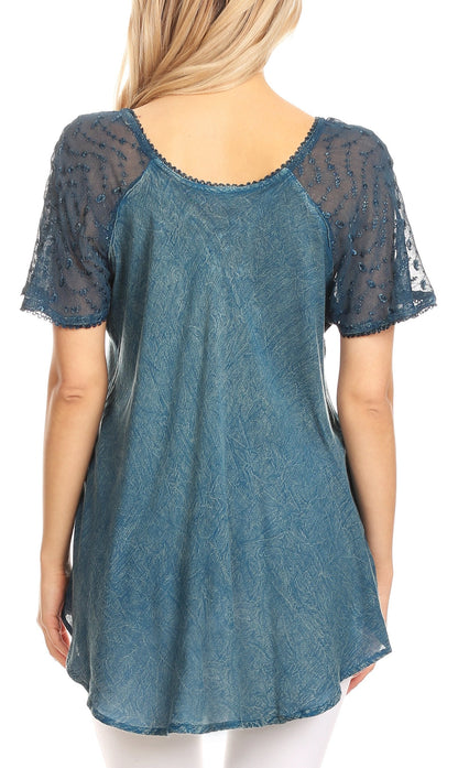 Sakkas Ellie Sequin Embroidered Cap Sleeve Scoop Neck Relaxed Fit Blouse