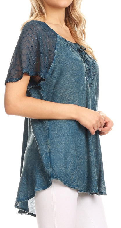 Sakkas Ellie Sequin Embroidered Cap Sleeve Scoop Neck Relaxed Fit Blouse