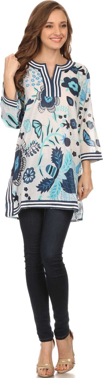 Sakkas Abril Long Sleeve Cotton Tunic Blouse Top With Printed Floral Pattern