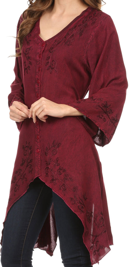 Sakkas Gella Button Down Blouse Top With Bell Sleeves And Handkerchief Sides