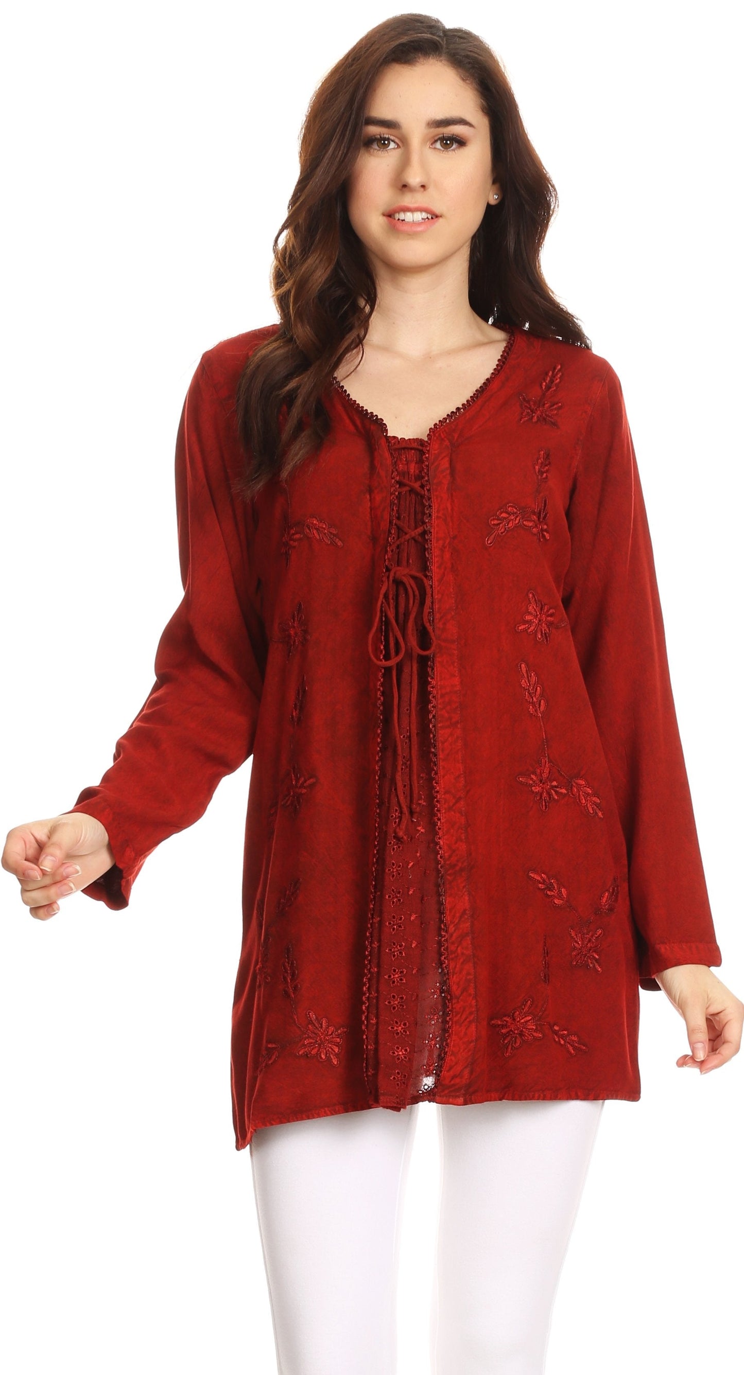 Sakkas Caylyan Long Adjustable Embroidered Long Sleeve Blouse With Corset Top