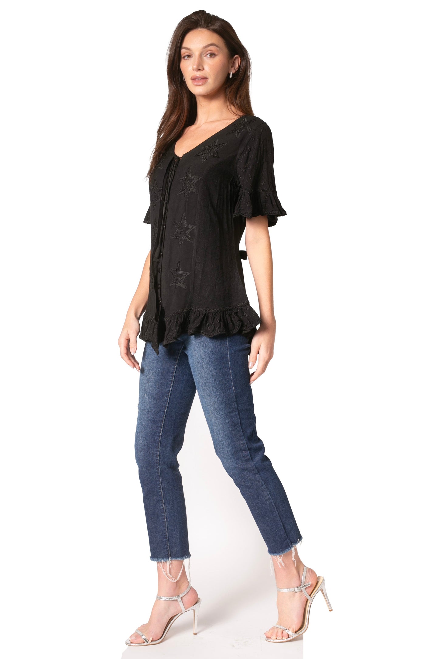 Sakkas Sayle Long Star Embroidered Blouse Shirt Top With Button Front And Ruffles