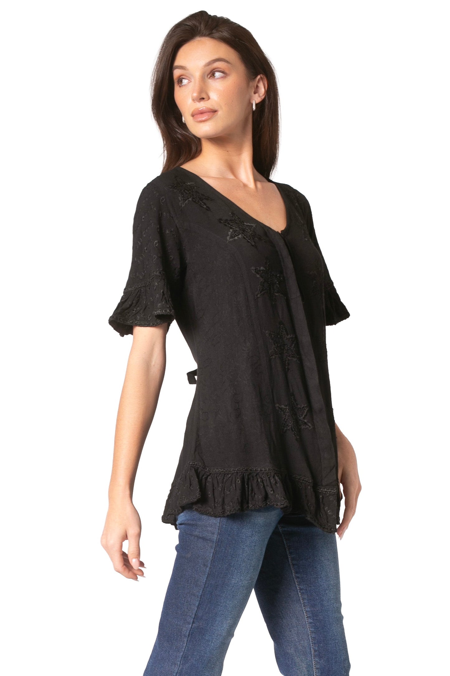 Sakkas Sayle Long Star Embroidered Blouse Shirt Top With Button Front And Ruffles