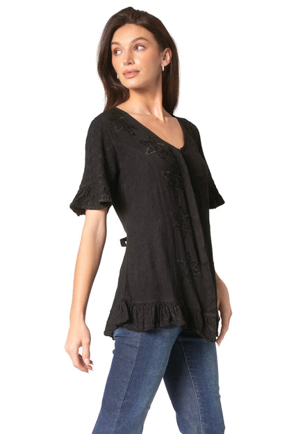 Sakkas Sayle Long Star Embroidered Blouse Shirt Top With Button Front And Ruffles