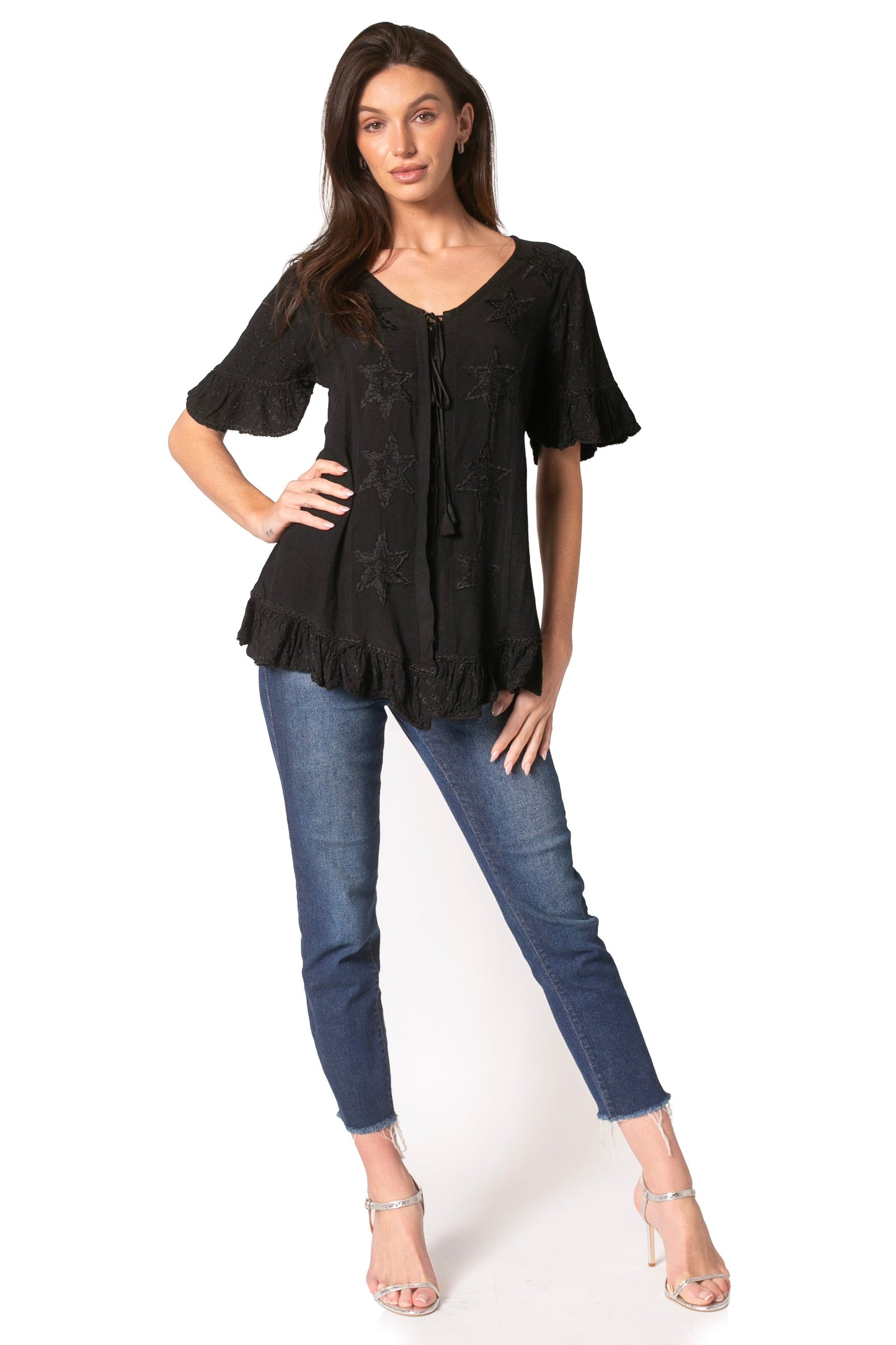 Sakkas Sayle Long Star Embroidered Blouse Shirt Top With Button Front And Ruffles