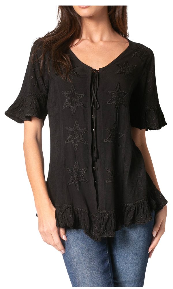 Sakkas Sayle Long Star Embroidered Blouse Shirt Top With Button Front And Ruffles