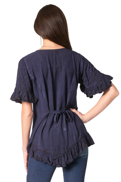 Sakkas Sayle Long Star Embroidered Blouse Shirt Top With Button Front And Ruffles