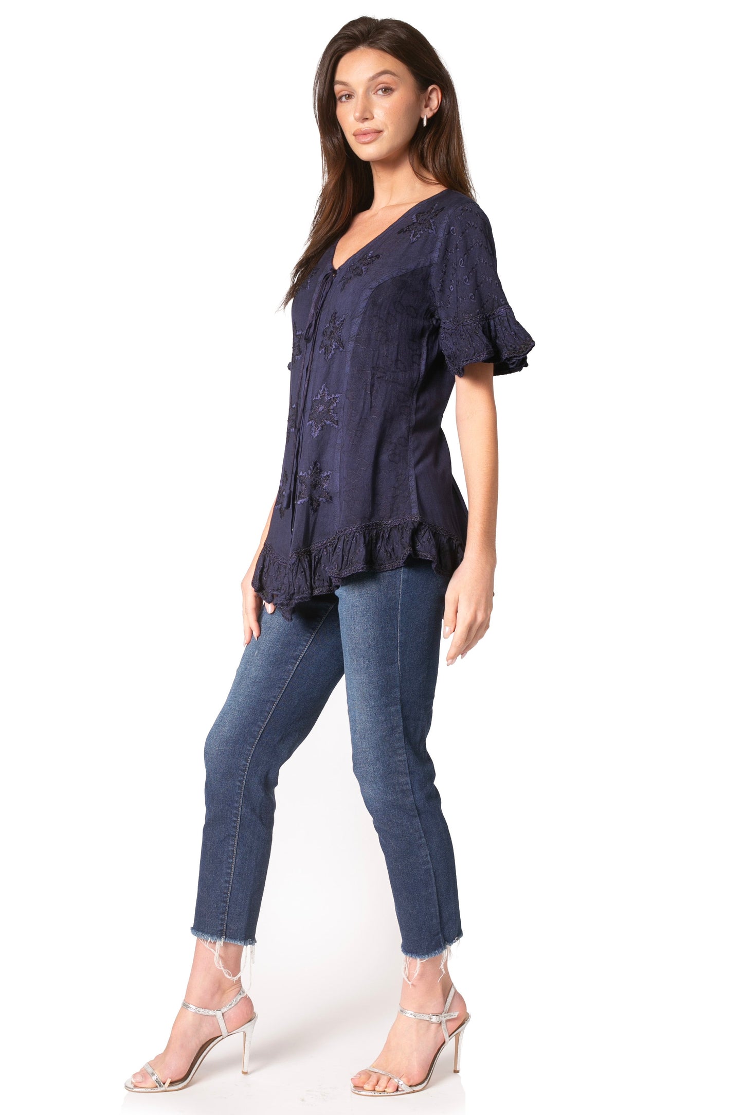Sakkas Sayle Long Star Embroidered Blouse Shirt Top With Button Front And Ruffles