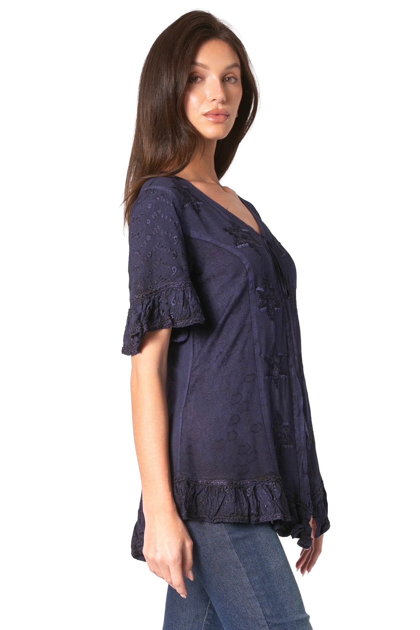 Sakkas Sayle Long Star Embroidered Blouse Shirt Top With Button Front And Ruffles