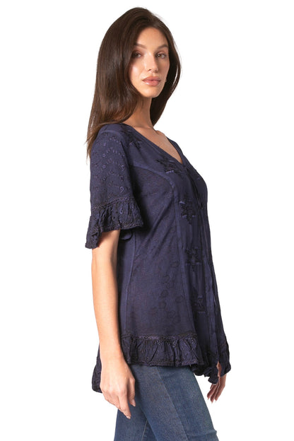 Sakkas Sayle Long Star Embroidered Blouse Shirt Top With Button Front And Ruffles