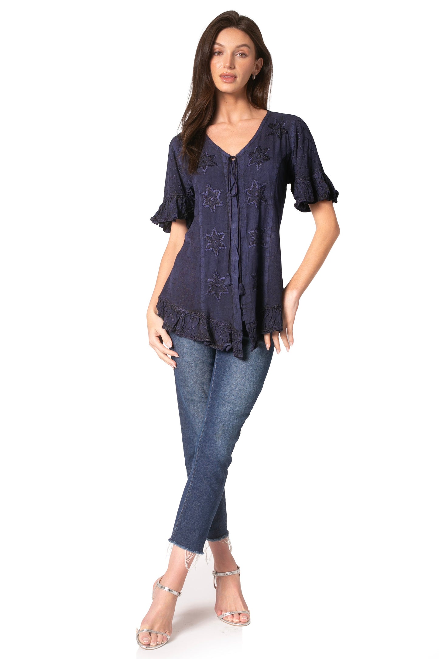 Sakkas Sayle Long Star Embroidered Blouse Shirt Top With Button Front And Ruffles
