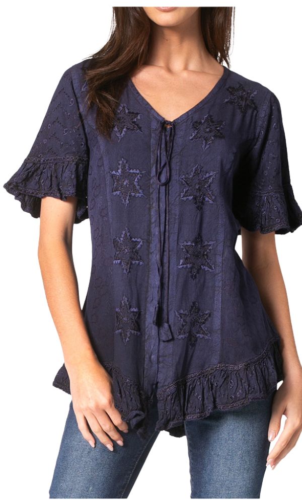 Sakkas Sayle Long Star Embroidered Blouse Shirt Top With Button Front And Ruffles