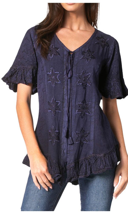 Sakkas Sayle Long Star Embroidered Blouse Shirt Top With Button Front And Ruffles