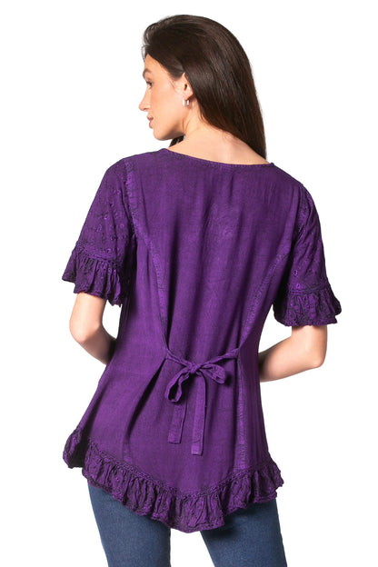 Sakkas Sayle Long Star Embroidered Blouse Shirt Top With Button Front And Ruffles