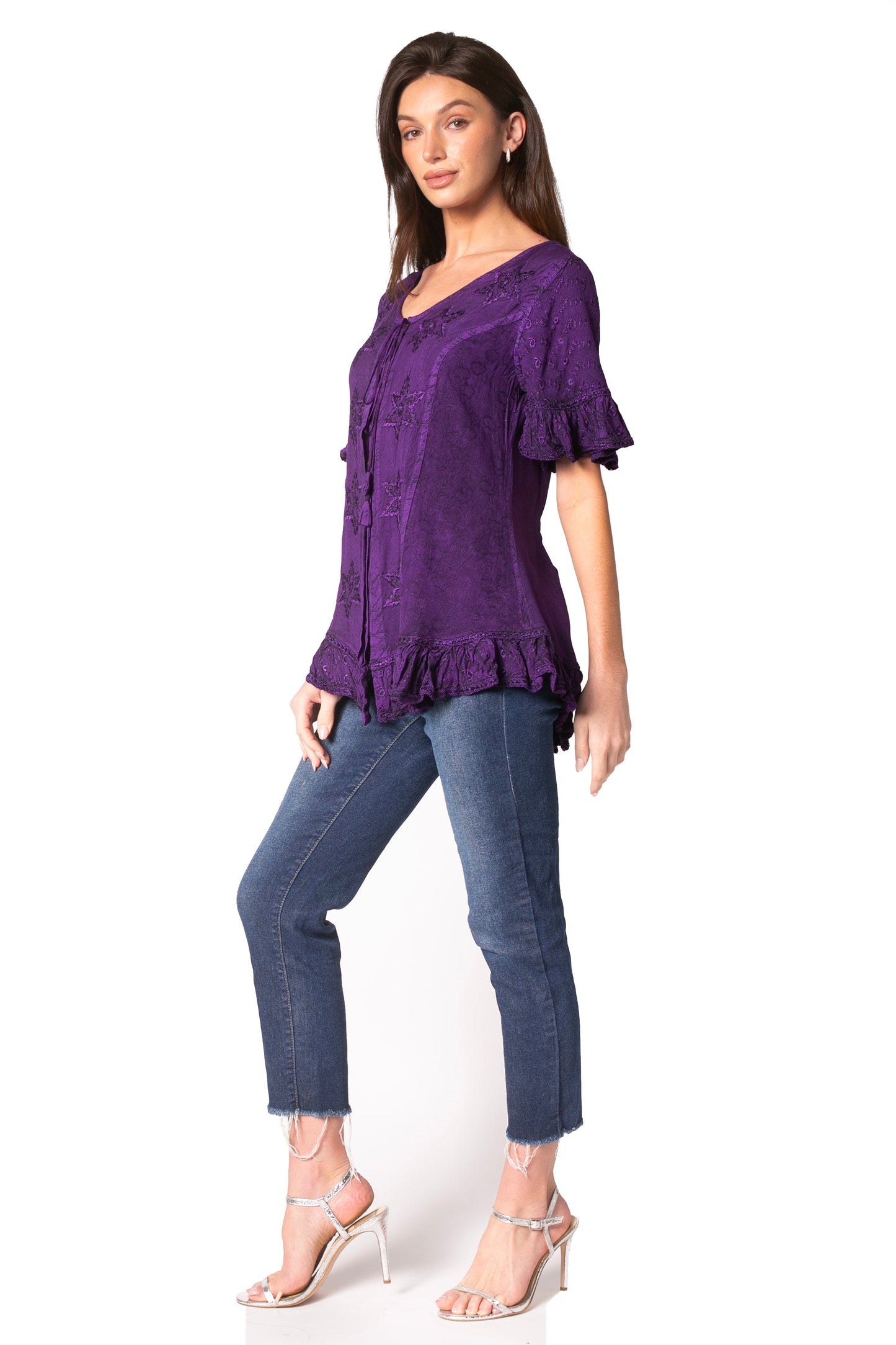 Sakkas Sayle Long Star Embroidered Blouse Shirt Top With Button Front And Ruffles