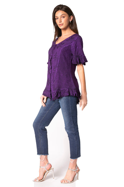 Sakkas Sayle Long Star Embroidered Blouse Shirt Top With Button Front And Ruffles