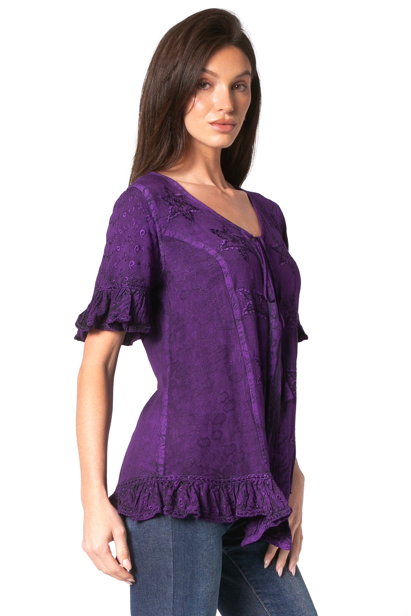 Sakkas Sayle Long Star Embroidered Blouse Shirt Top With Button Front And Ruffles