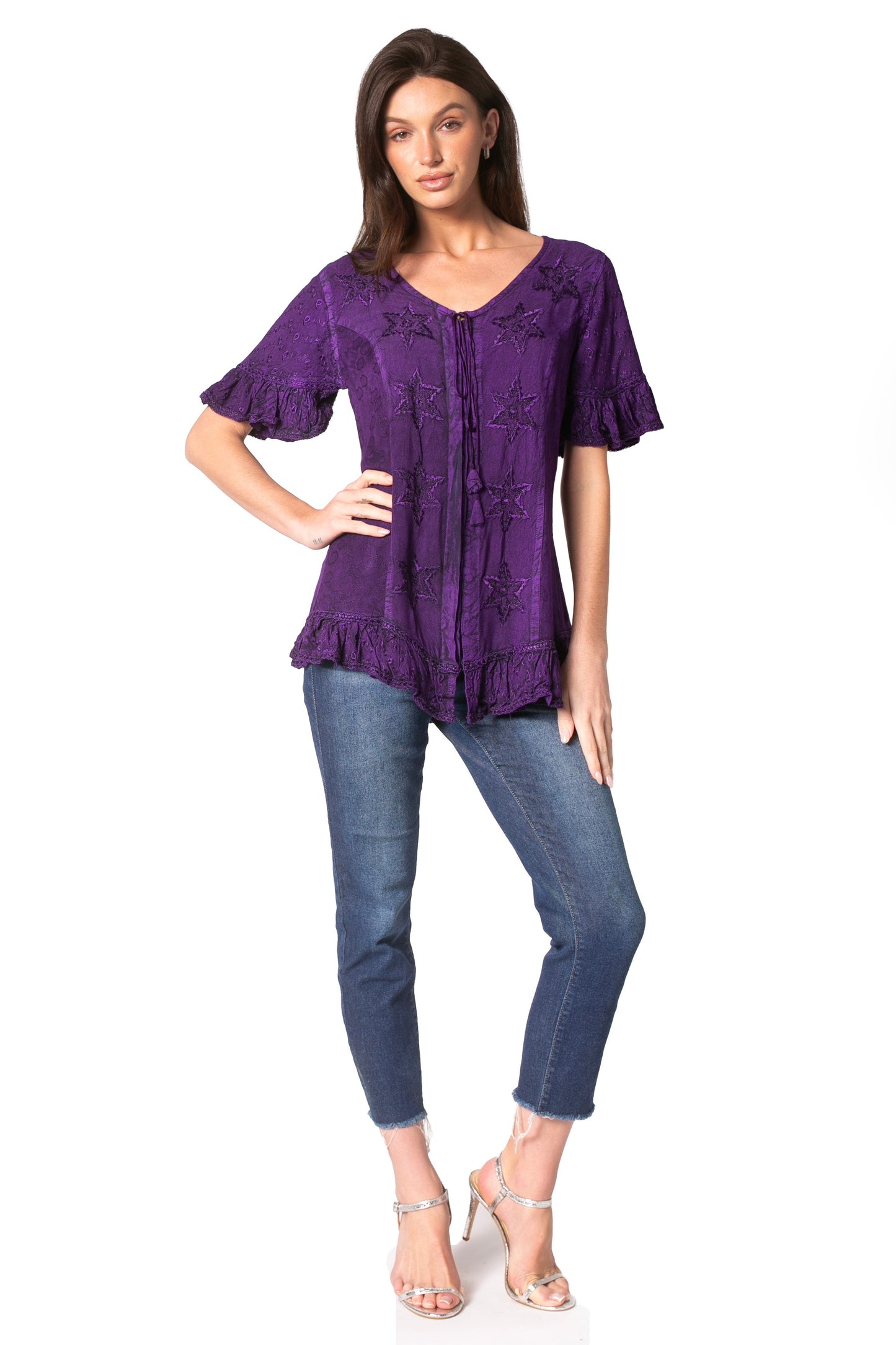 Sakkas Sayle Long Star Embroidered Blouse Shirt Top With Button Front And Ruffles