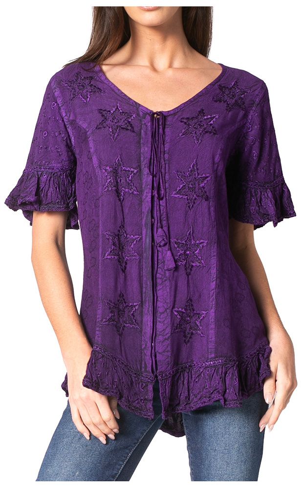 Sakkas Sayle Long Star Embroidered Blouse Shirt Top With Button Front And Ruffles