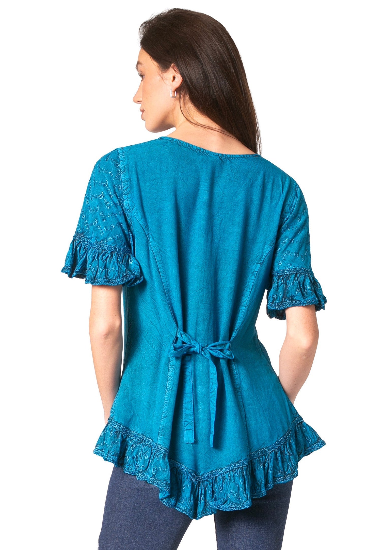 Sakkas Sayle Long Star Embroidered Blouse Shirt Top With Button Front And Ruffles