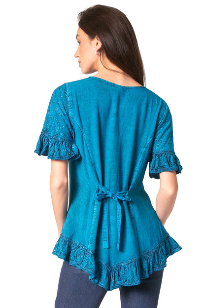 Sakkas Sayle Long Star Embroidered Blouse Shirt Top With Button Front And Ruffles