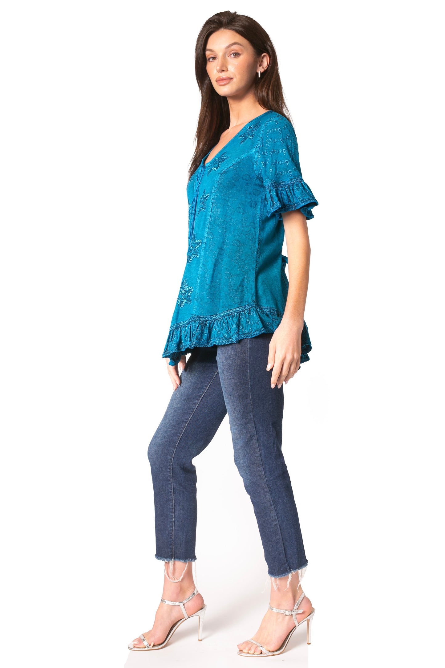 Sakkas Sayle Long Star Embroidered Blouse Shirt Top With Button Front And Ruffles