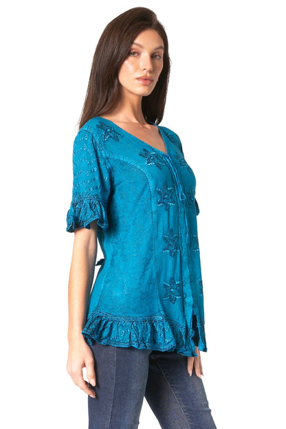Sakkas Sayle Long Star Embroidered Blouse Shirt Top With Button Front And Ruffles