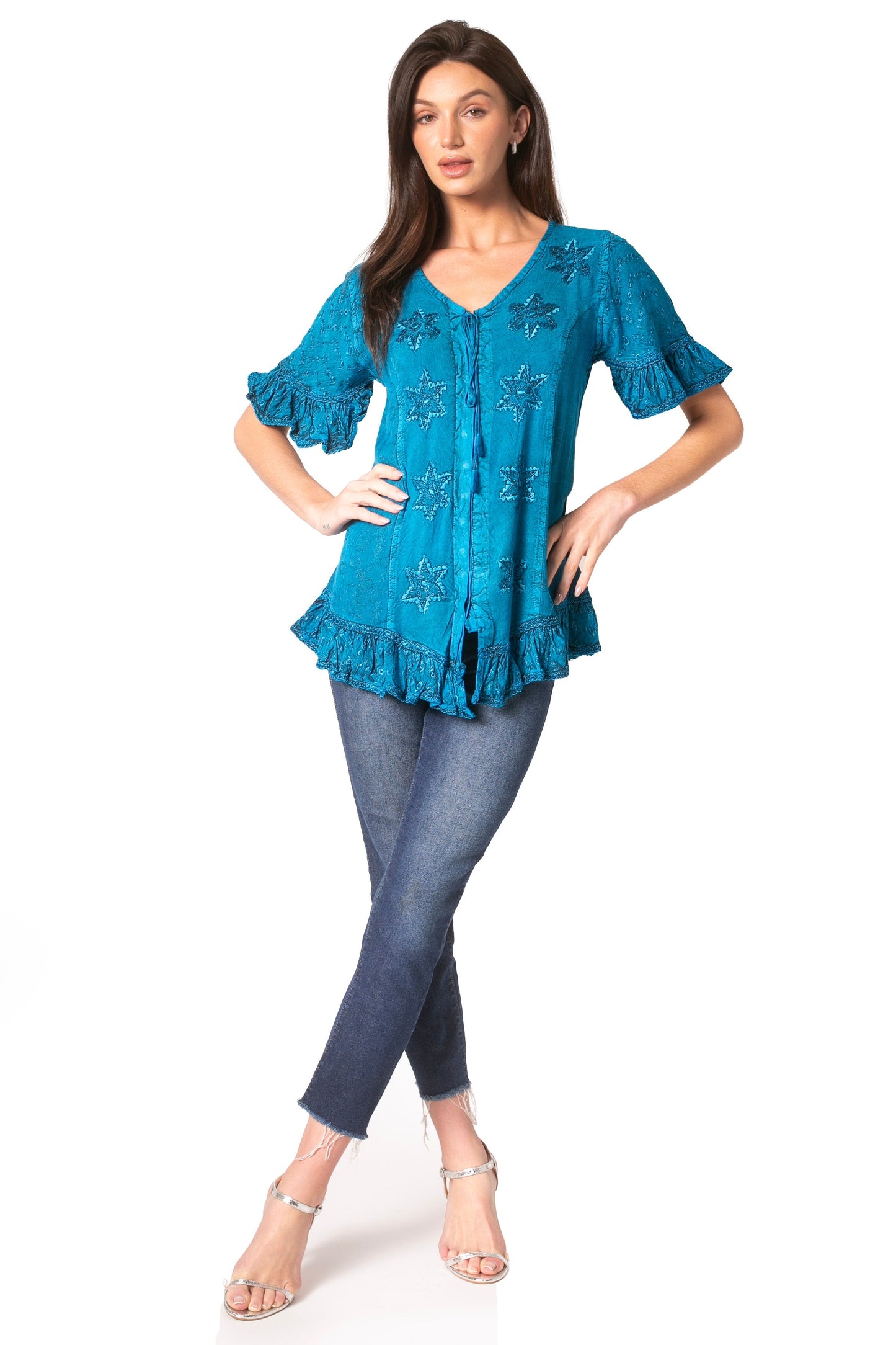 Sakkas Sayle Long Star Embroidered Blouse Shirt Top With Button Front And Ruffles