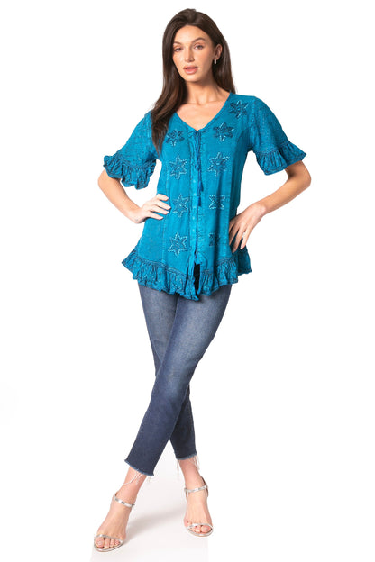 Sakkas Sayle Long Star Embroidered Blouse Shirt Top With Button Front And Ruffles