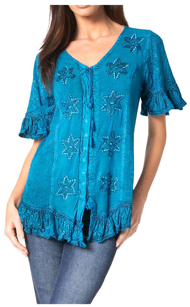 Sakkas Sayle Long Star Embroidered Blouse Shirt Top With Button Front And Ruffles