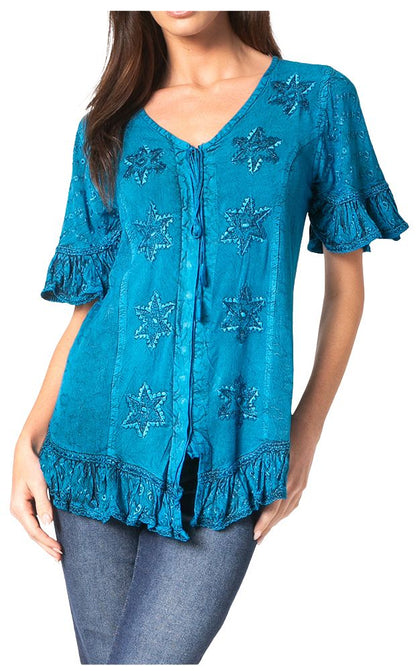 Sakkas Sayle Long Star Embroidered Blouse Shirt Top With Button Front And Ruffles