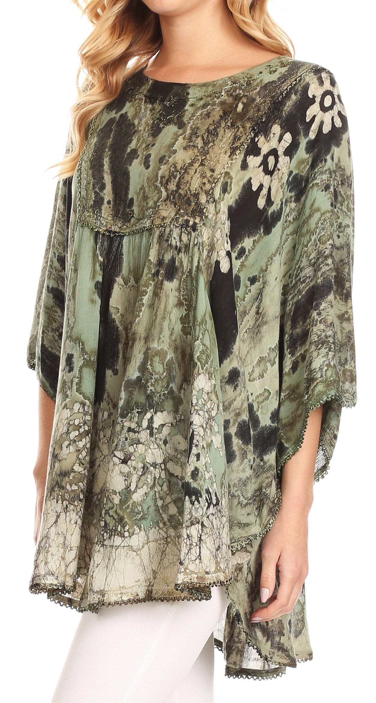 Sakkas Vanya Floral and Palm Tree Batik Circle Top with Sequins and Embroidery