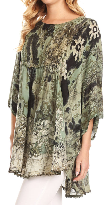 Sakkas Vanya Floral and Palm Tree Batik Circle Top with Sequins and Embroidery
