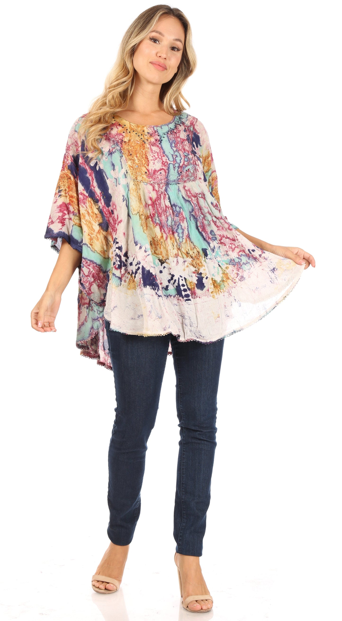 Sakkas Vanya Floral and Palm Tree Batik Circle Top with Sequins and Embroidery