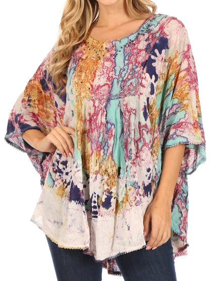 Sakkas Vanya Floral and Palm Tree Batik Circle Top with Sequins and Embroidery