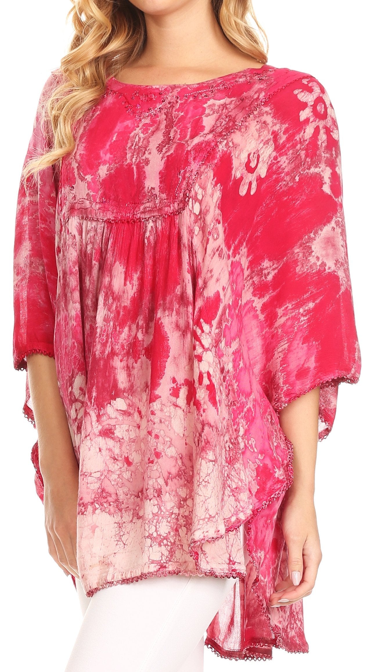 Sakkas Vanya Floral and Palm Tree Batik Circle Top with Sequins and Embroidery